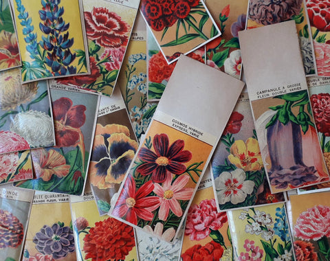 25 FLOWER SEED PACKETS vintage French all different